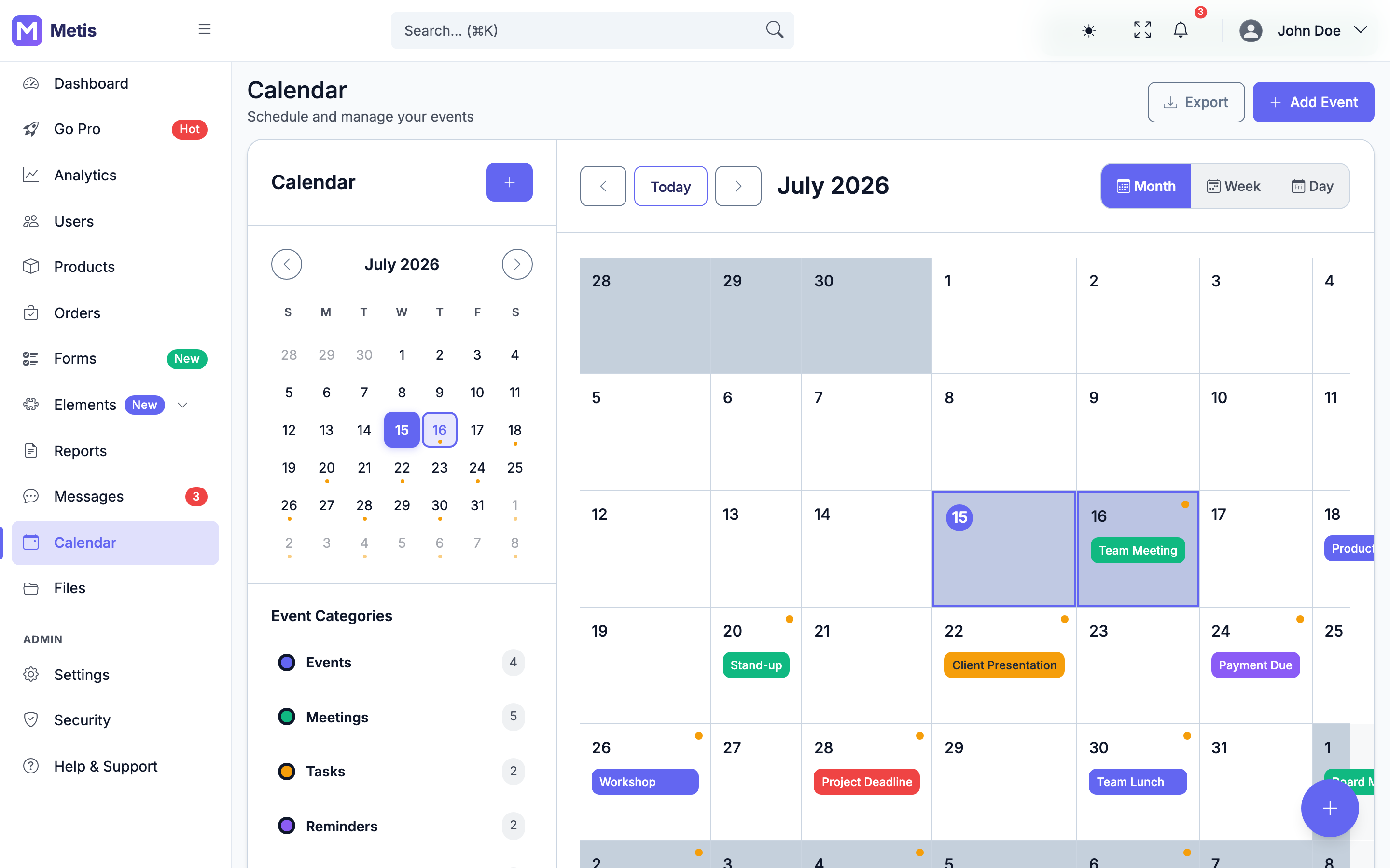 Metis Calendar page